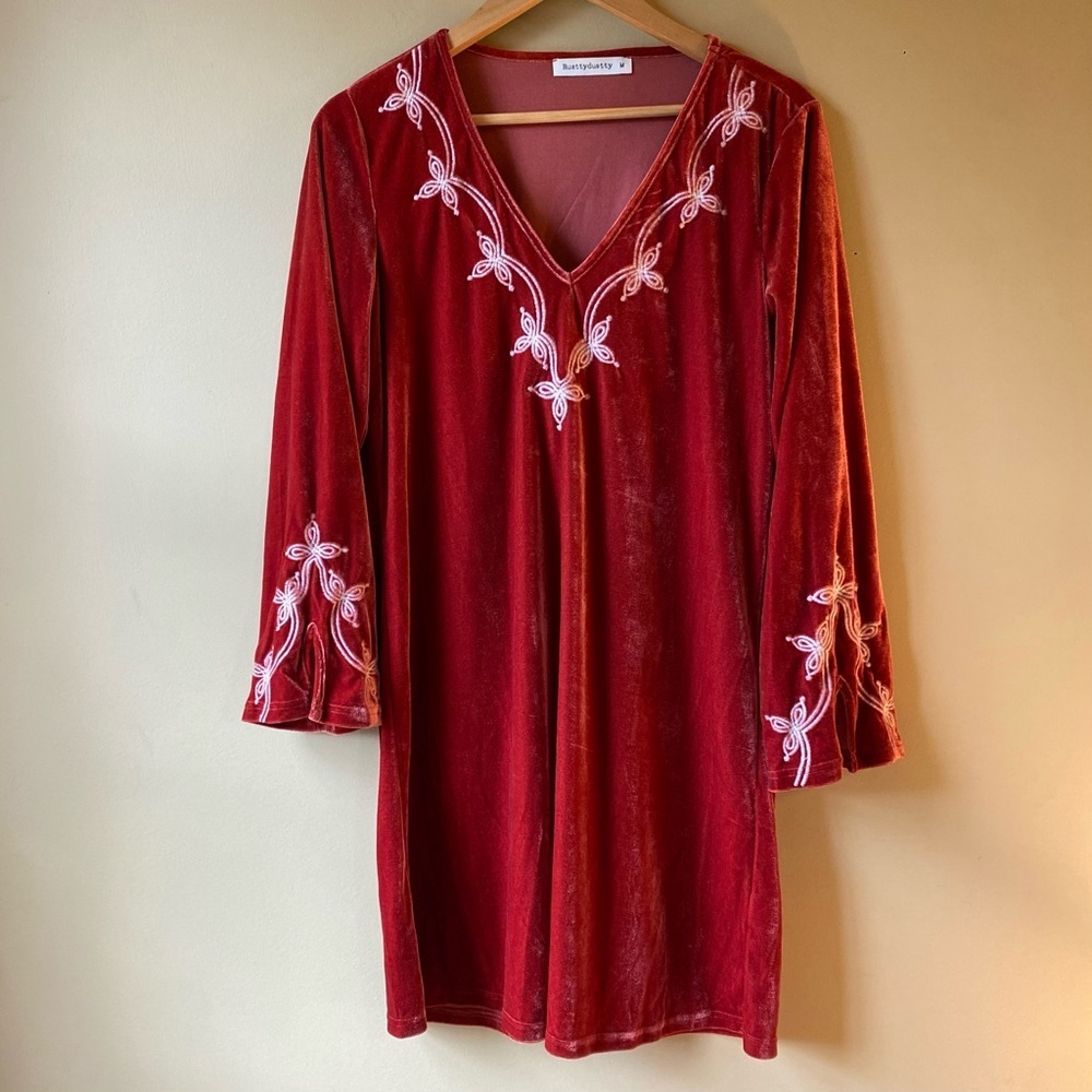 RusttyDustty Women’s Medium Rust Velvet/Velour Long Sleeve Boho Dress